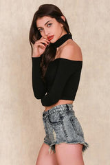 Off Shoulder Long Sleeve Crop Top